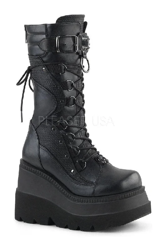 women's heeled boots for workSHAKER-70 Combat Boot | Black Faux Leather