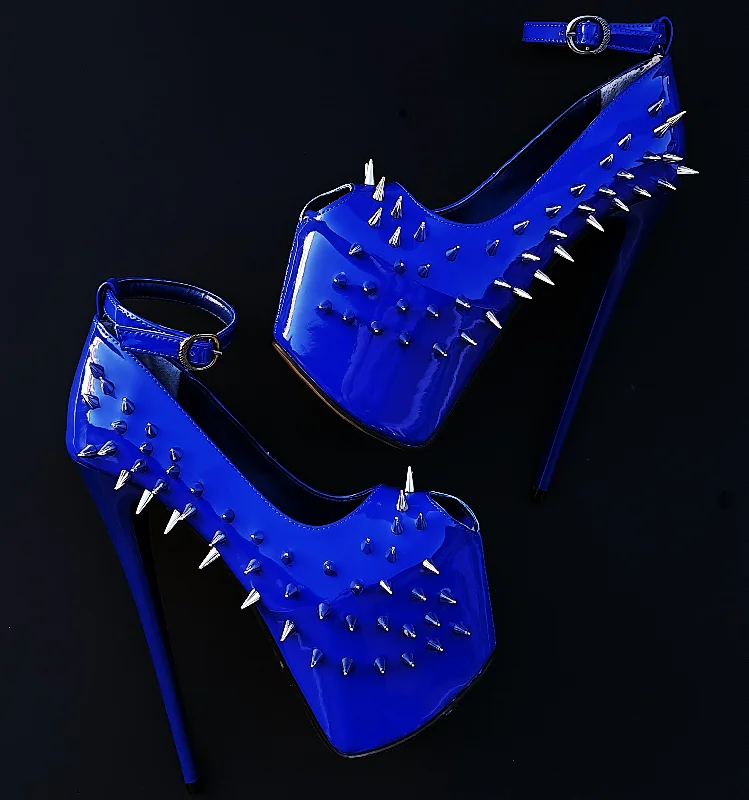 Women's party stiletto heel pumps with a glittery finishElectric Blue Gloss Spike Studded Ankle Strap Heels Women's party stiletto heel pumps with a glittery finishElectric Blue Gloss Spike Studded Ankle Strap Heels