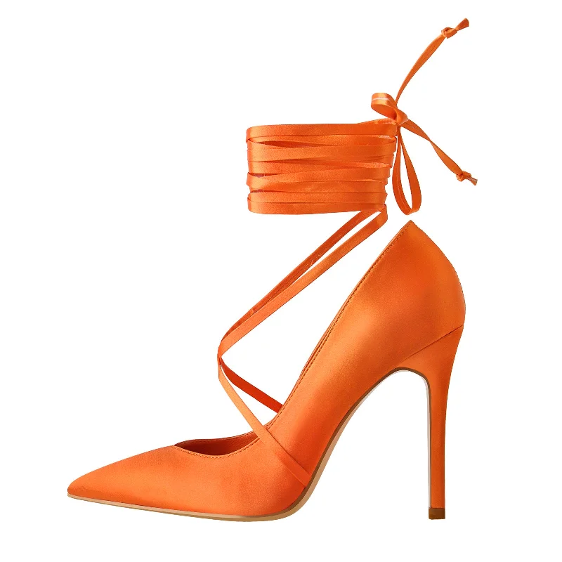 Women's wedding stiletto heel pumps with a pearl - encrusted strapOrange Satin Strap High Heels Stiletto Pumps Women's wedding stiletto heel pumps with a pearl - encrusted strapOrange Satin Strap High Heels Stiletto Pumps