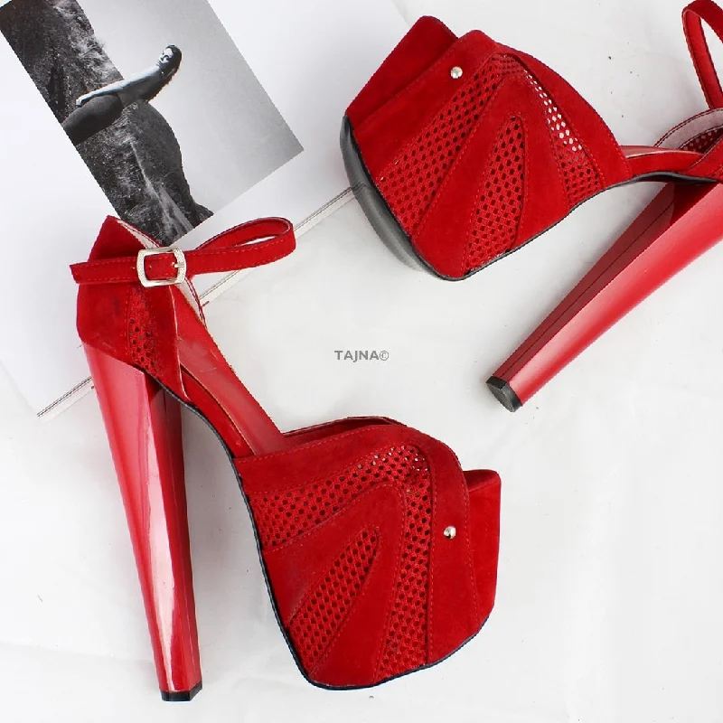 Women's stretchy stiletto heel pumps for easy on and offRed Suede Mesh Peep Toe Platform Heels Women's stretchy stiletto heel pumps for easy on and offRed Suede Mesh Peep Toe Platform Heels