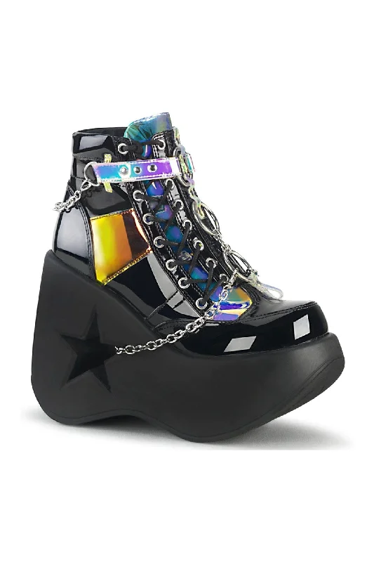 women's ankle boots with floral designDYNAMITE-101 Black Hologram Patent Ankle Boot