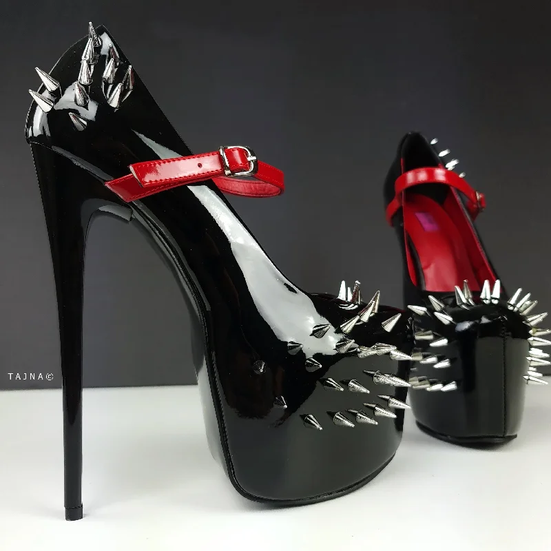 Women's hot pink stiletto heel pumps for a fun night outBlack Red Gloss Spike Studded Strapped Heels Women's hot pink stiletto heel pumps for a fun night outBlack Red Gloss Spike Studded Strapped Heels
