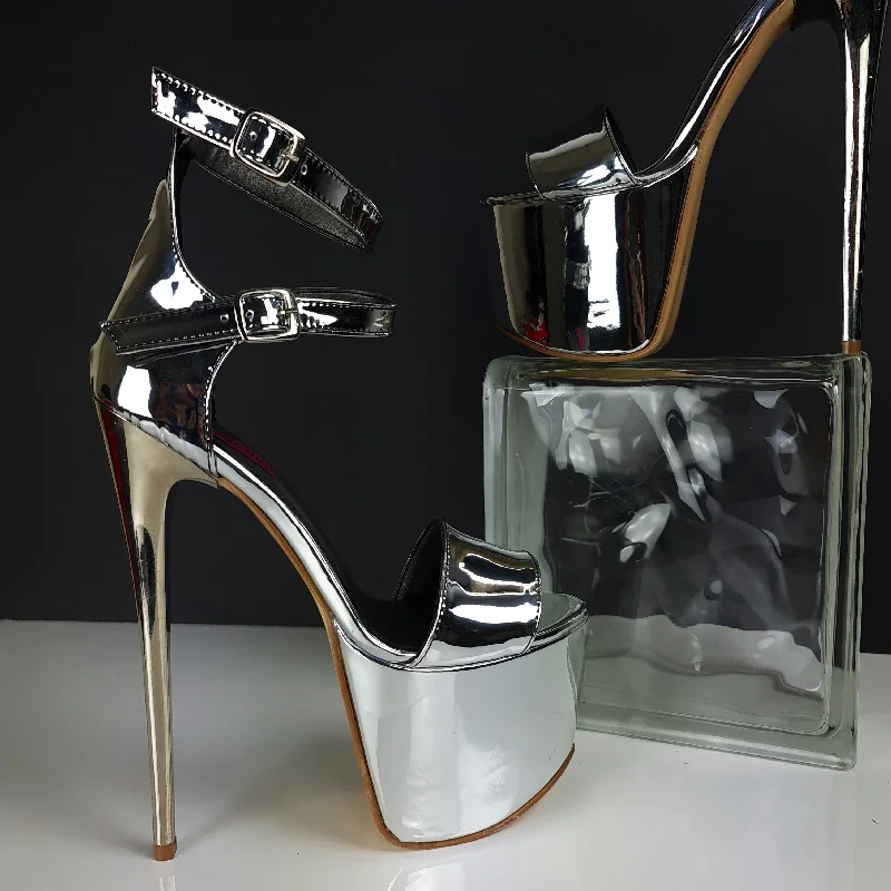 Women's ruffled stiletto heel pumps for a romantic styleSilver Mirror Double Ankle Strap High Heels Women's ruffled stiletto heel pumps for a romantic styleSilver Mirror Double Ankle Strap High Heels