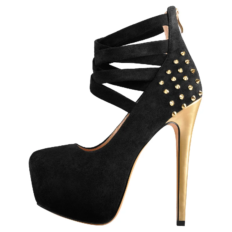 Women's holiday party stiletto heel pumps with a festive touchRound Toe Platform Metallic Rivet High Heel Pumps Women's holiday party stiletto heel pumps with a festive touchRound Toe Platform Metallic Rivet High Heel Pumps