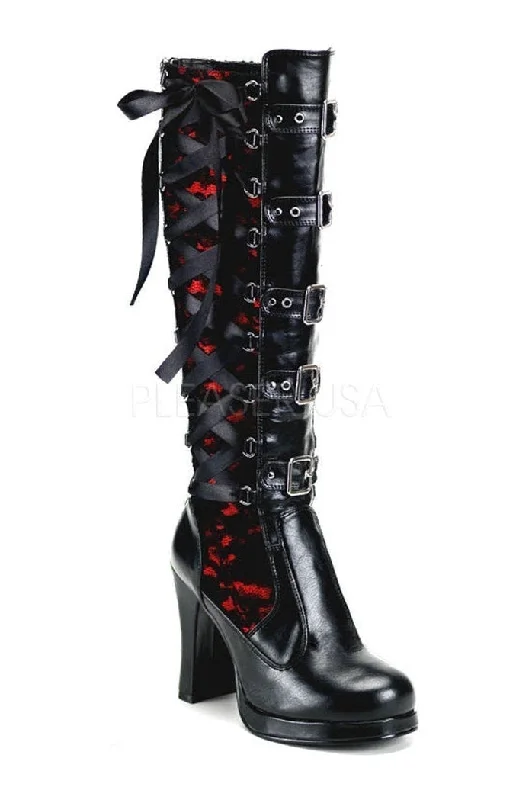 women's knee boots with bucklesCRYPTO-106 Knee Boot | Black Faux Leather