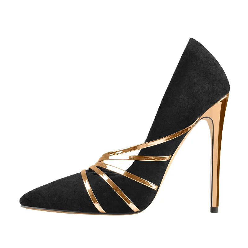 Women's platform stiletto heel pumps with a chunky solePointed Toe Black Suede High Heel Gold Stiletto Pumps Women's platform stiletto heel pumps with a chunky solePointed Toe Black Suede High Heel Gold Stiletto Pumps