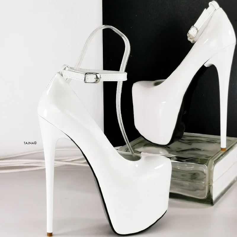 Women's lace - trimmed stiletto heel pumps with a scalloped edgeWhite Gloss Patent Ankle Strap Pencil Heels Women's lace - trimmed stiletto heel pumps with a scalloped edgeWhite Gloss Patent Ankle Strap Pencil Heels