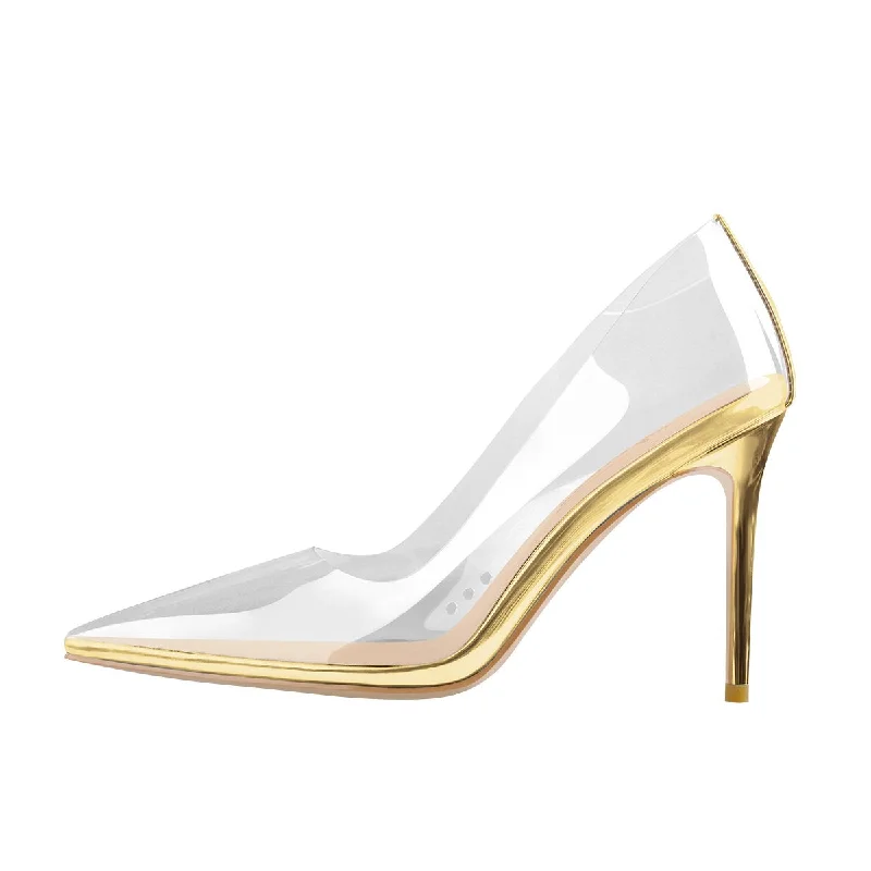 Women's cork - sole stiletto heel pumps for a natural touchTransparent Pointed Toe Slip on Gold High Heel Stiletto Pumps Women's cork - sole stiletto heel pumps for a natural touchTransparent Pointed Toe Slip on Gold High Heel Stiletto Pumps