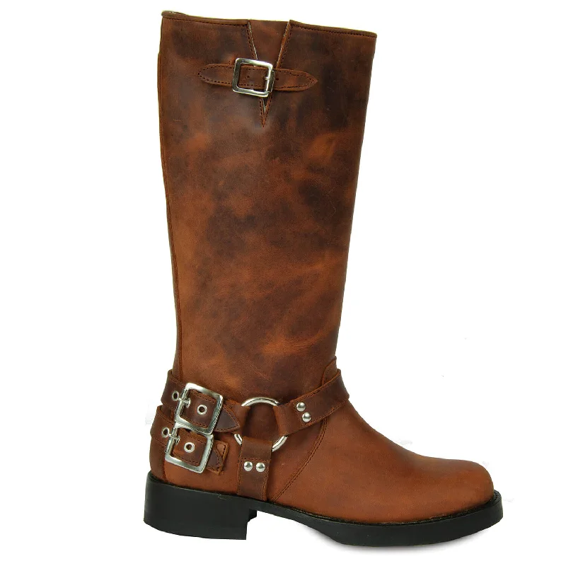 Women's classic black leather biker boots with silver zippersTALL BIKER DISTRESSED BROWN
