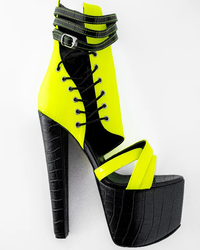 Women's evening gala stiletto heel pumps in a long - lasting colorBlack Croco Yellow Neon Side Lace High Heels Women's evening gala stiletto heel pumps in a long - lasting colorBlack Croco Yellow Neon Side Lace High Heels
