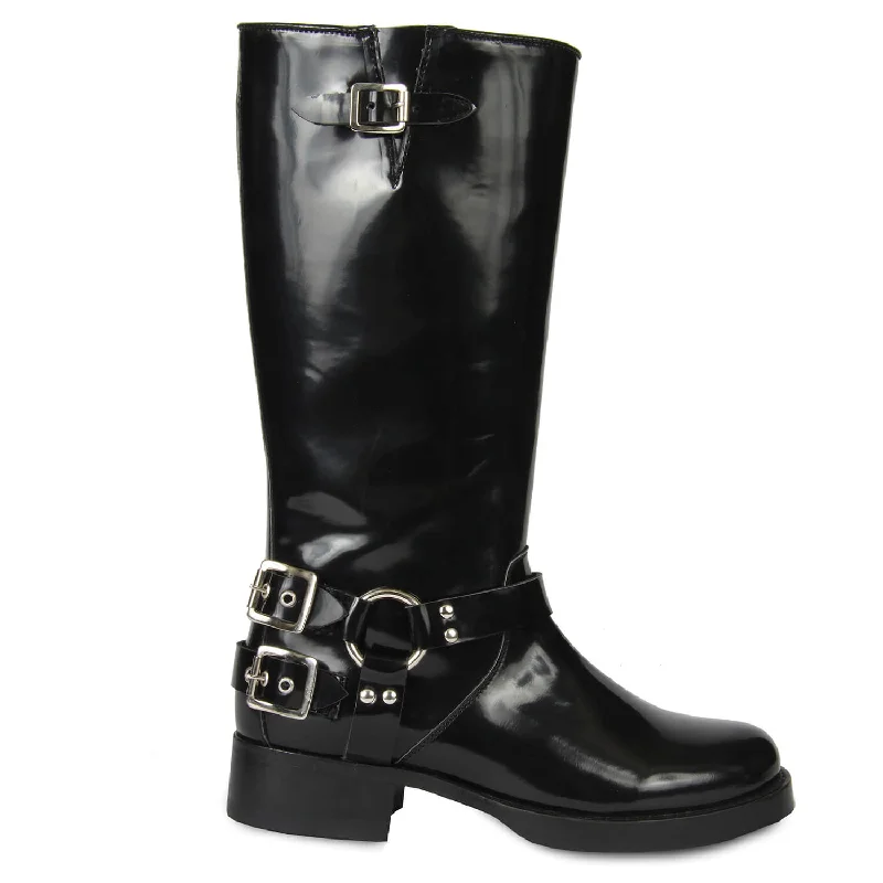 Women's biker boots for a shopping spreeTALL BIKER BLACK PATENT