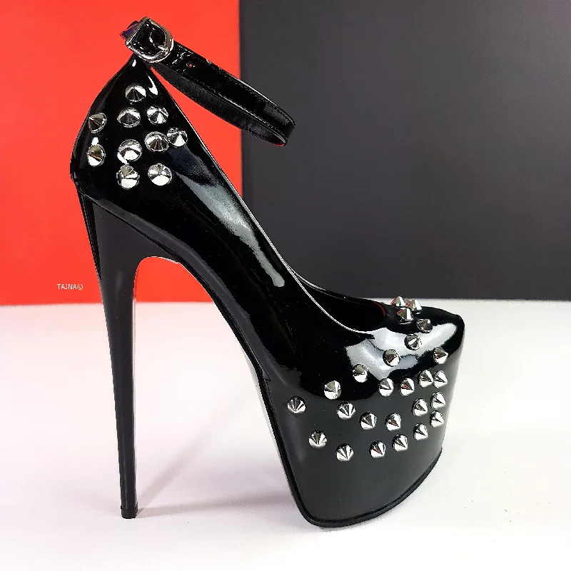 Women's studded stiletto heel pumps for an edgy lookBlack Gloss Spike Studded Ankle Strap Heels Women's studded stiletto heel pumps for an edgy lookBlack Gloss Spike Studded Ankle Strap Heels