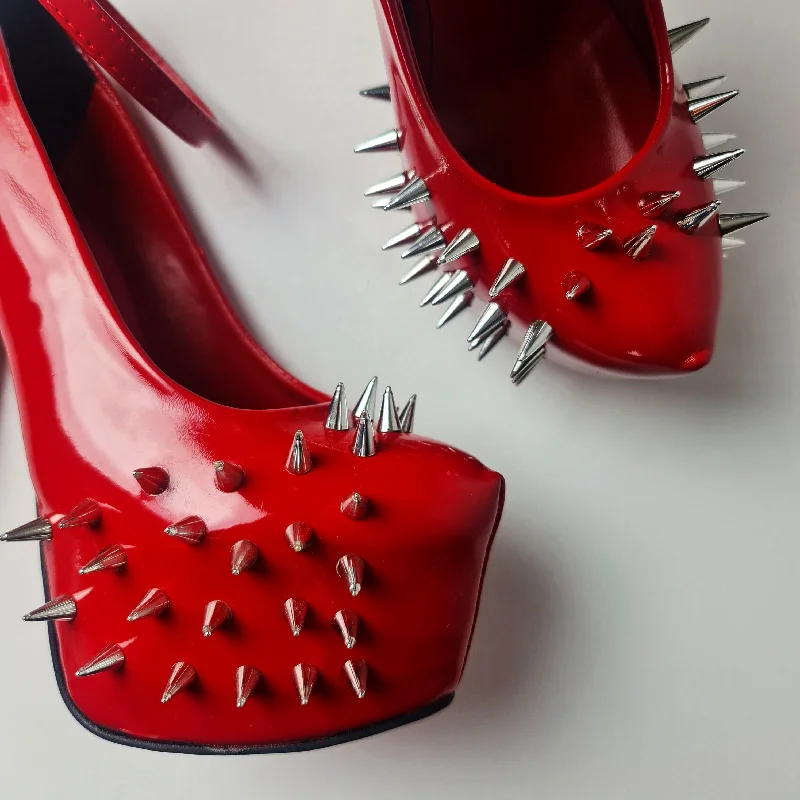 Women's prom stiletto heel pumps in a shimmery fabricRed Gloss Spike Studded Ankle Strap Heels Women's prom stiletto heel pumps in a shimmery fabricRed Gloss Spike Studded Ankle Strap Heels