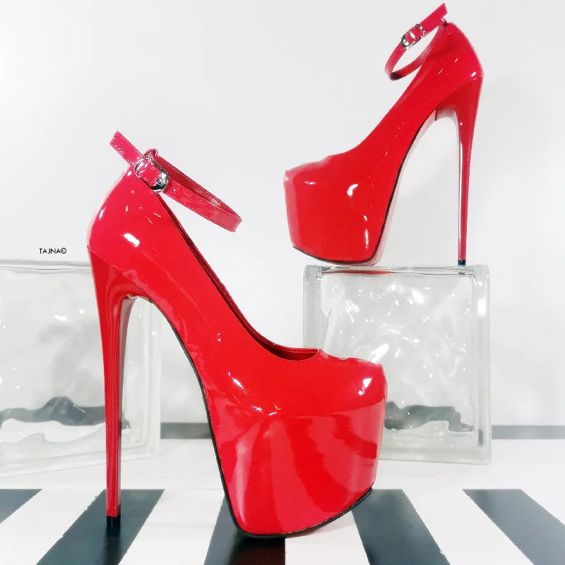 Women's cork - sole stiletto heel pumps for a natural touchRed Gloss Ankle Strap Classic High Heels Women's cork - sole stiletto heel pumps for a natural touchRed Gloss Ankle Strap Classic High Heels