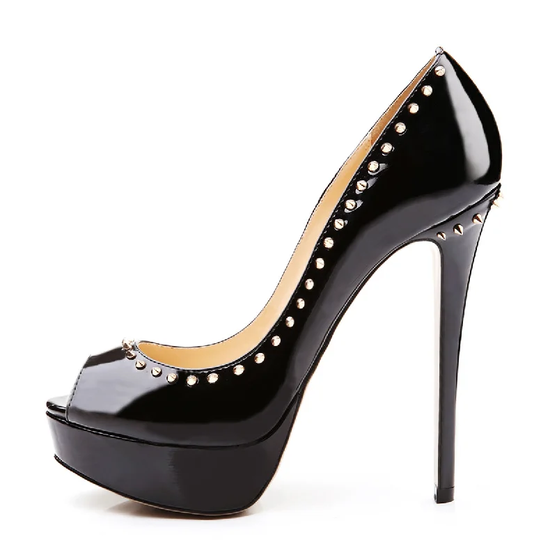 Women's business meeting stiletto heel pumps with a professional lookBlack Platform Peep Toe Stiletto Pumps With Rivet Women's business meeting stiletto heel pumps with a professional lookBlack Platform Peep Toe Stiletto Pumps With Rivet