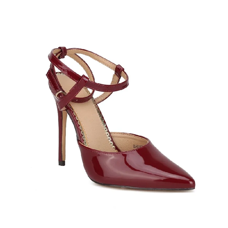 Women's metallic leather stiletto heel pumps with a reflective surfaceBrianna Women's Thin High Heel with Adjustable Strap Women's metallic leather stiletto heel pumps with a reflective surfaceBrianna Women's Thin High Heel with Adjustable Strap