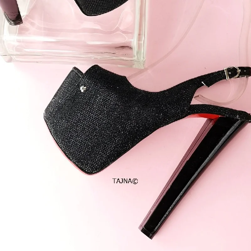 Women's breathable stiletto heel pumps for warm weatherBlack Shimmer Sling Back Peep Toe Pumps