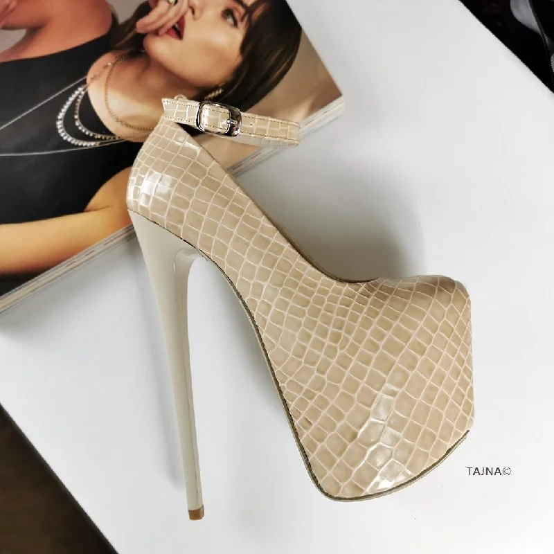 Women's forest green stiletto heel pumps for a nature - inspired lookCream Croco Ankle Strap Heels Women's forest green stiletto heel pumps for a nature - inspired lookCream Croco Ankle Strap Heels