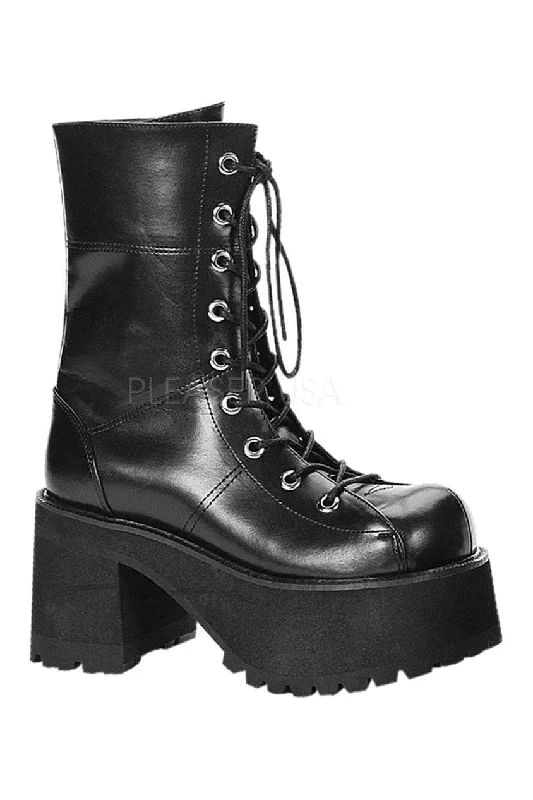 women's knee boots with low heelRANGER-301 Demonia Knee Boot | Black Faux Leather
