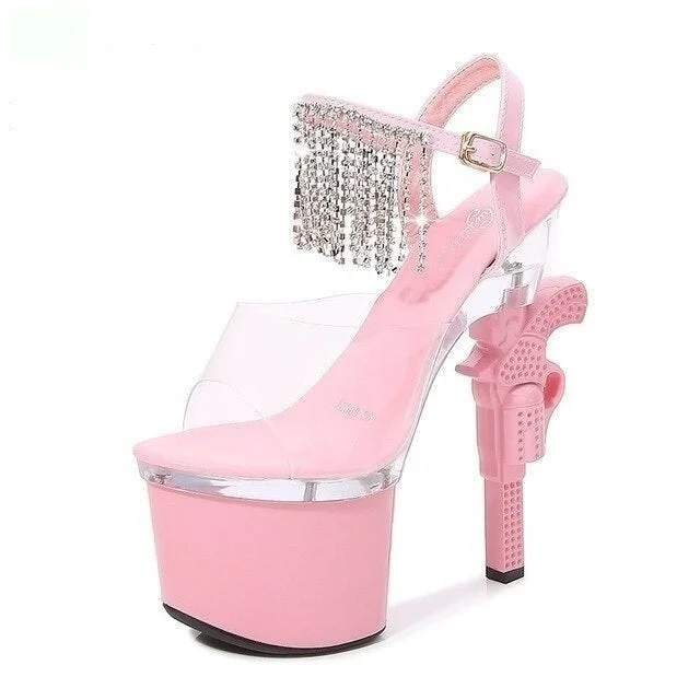Women's pointed - toe slingback stiletto heel pumps in a peep - toe designModel Catwalk Platforms Sexy Transparent High Heel Patent Leather Sandals Women's pointed - toe slingback stiletto heel pumps in a peep - toe designModel Catwalk Platforms Sexy Transparent High Heel Patent Leather Sandals