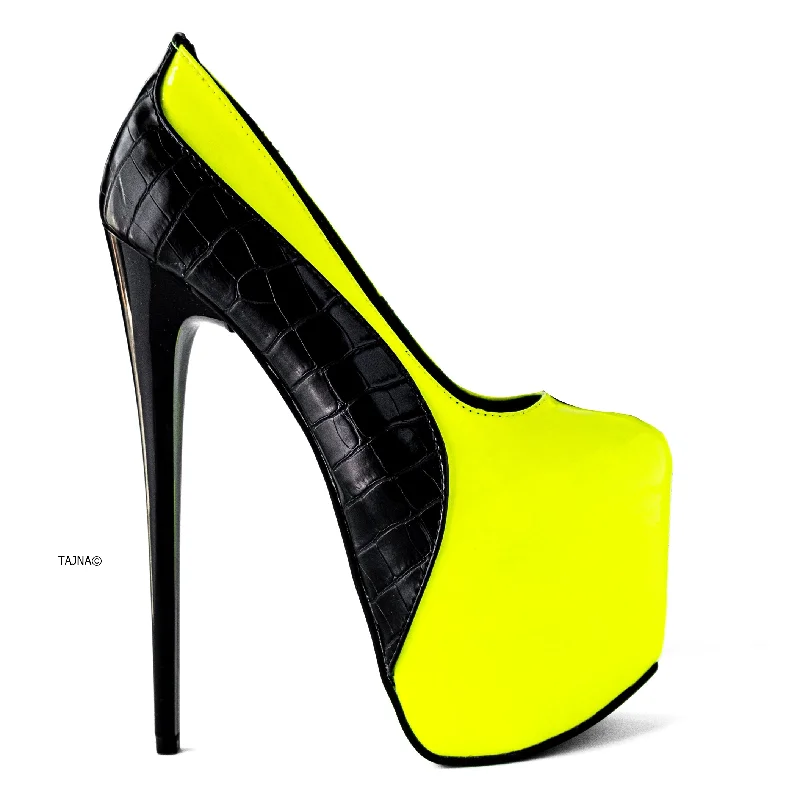 Women's adjustable - strap stiletto heel pumps for a customizable fitDouble Colour Black Croco Yellow Neon Pumps Women's adjustable - strap stiletto heel pumps for a customizable fitDouble Colour Black Croco Yellow Neon Pumps