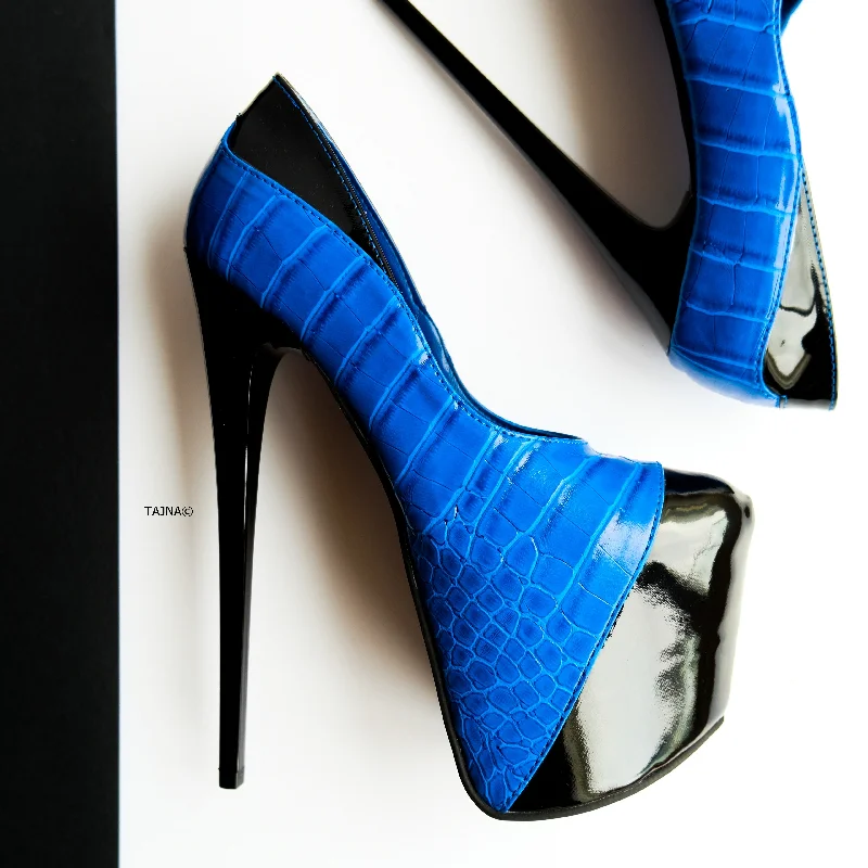 Women's patent leather stiletto heel pumps with a high - shine finishBlack Blue Croco Detail High Heel Pumps Women's patent leather stiletto heel pumps with a high - shine finishBlack Blue Croco Detail High Heel Pumps