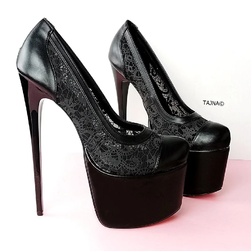 Women's lace - trimmed stiletto heel pumps with a scalloped edgeMatte Black Lace Detail High Heel Pumps Women's lace - trimmed stiletto heel pumps with a scalloped edgeMatte Black Lace Detail High Heel Pumps