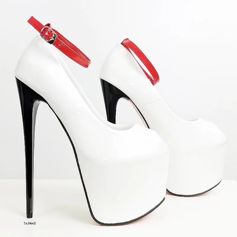 Women's breathable stiletto heel pumps for warm weatherWhite Gloss Fishmouth Ankle Strap Heels Women's breathable stiletto heel pumps for warm weatherWhite Gloss Fishmouth Ankle Strap Heels