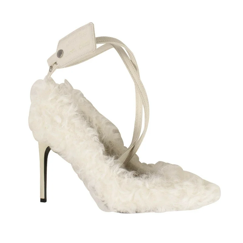 Women's office - appropriate stiletto heel pumps with a low - heel optionWhite Furry Zip Tie Heels Women's office - appropriate stiletto heel pumps with a low - heel optionWhite Furry Zip Tie Heels