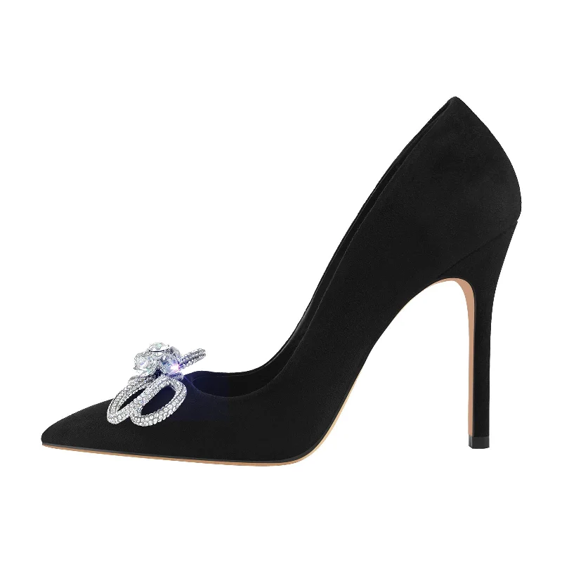 Women's breathable stiletto heel pumps for warm weatherRhinestone Bow Pointed Toe Black Suede Heels Stiletto Pumps Women's breathable stiletto heel pumps for warm weatherRhinestone Bow Pointed Toe Black Suede Heels Stiletto Pumps