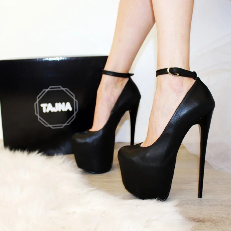 Women's breathable stiletto heel pumps for warm weatherHigh Heel Black Ankle Strap Platform Pumps