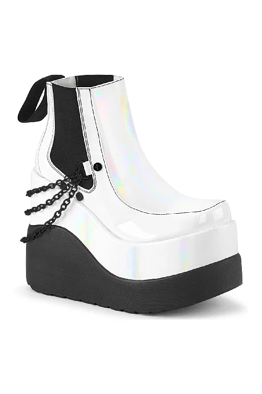 women's ankle boots with round toeVOID-50 White Hologram Patent Ankle Boot