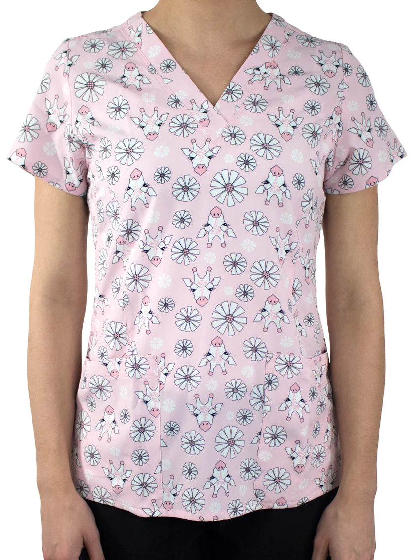 women's work boots for chefsMaevn Printed V-Neck Scrub Top - Hello Gorgeous