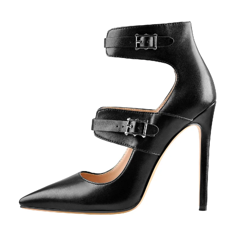 Women's shock - absorbing stiletto heel pumps for all - day wearBlack Matte Pointed Toe Double Buckle Straps Stiletto Pumps Women's shock - absorbing stiletto heel pumps for all - day wearBlack Matte Pointed Toe Double Buckle Straps Stiletto Pumps