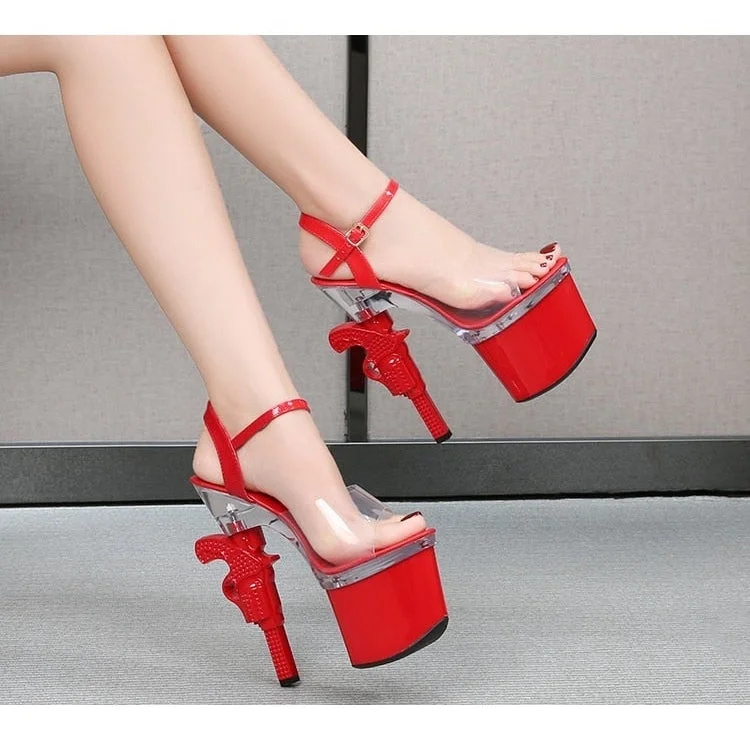 Women's mesh - paneled stiletto heel pumps for breathabilitySexy Summer Party Style Red Strange Transparent Pistol Heels Platform Sandals
