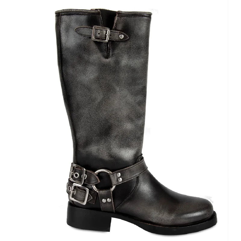 Women's lace - up biker boots with a pointed toeTALL BIKER GRAY