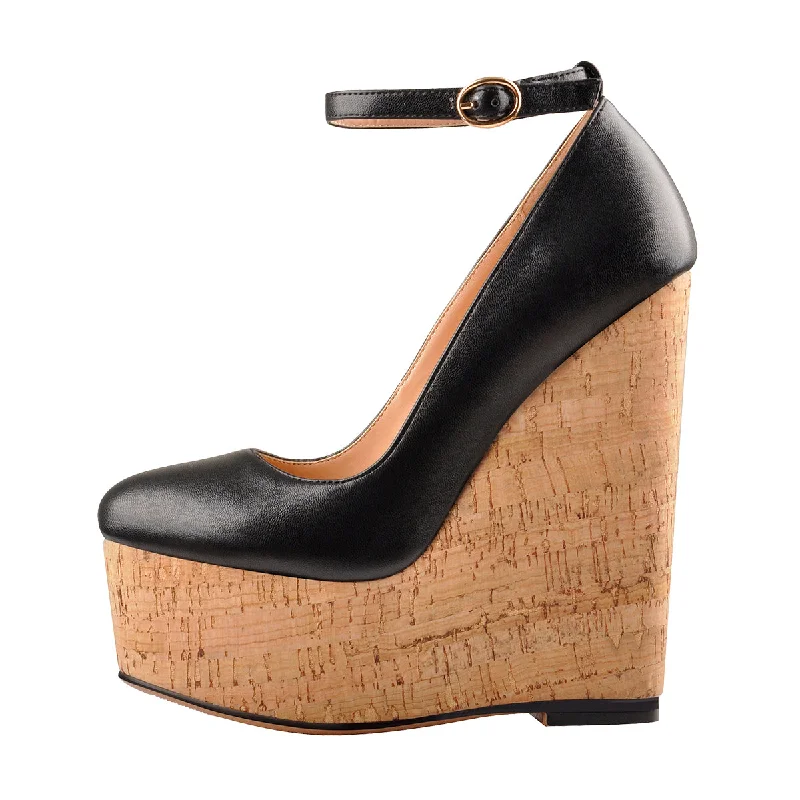 Women's cocktail party stiletto heel pumps with a unique patternWood Grain Platform Wedges Round Toe Buckle Strap Pumps Women's cocktail party stiletto heel pumps with a unique patternWood Grain Platform Wedges Round Toe Buckle Strap Pumps