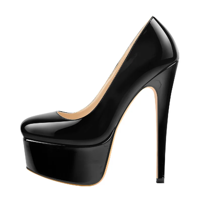 Women's metallic leather stiletto heel pumps with a reflective surfacePatent Leather Rounde Toe Platform Black Stiletto High Heels Pumps Women's metallic leather stiletto heel pumps with a reflective surfacePatent Leather Rounde Toe Platform Black Stiletto High Heels Pumps