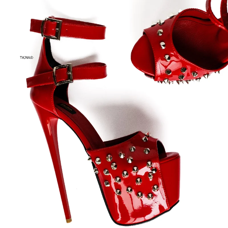 Women's platform stiletto heel pumps with a chunky soleRed Spike Studded Double Belted Heels Women's platform stiletto heel pumps with a chunky soleRed Spike Studded Double Belted Heels