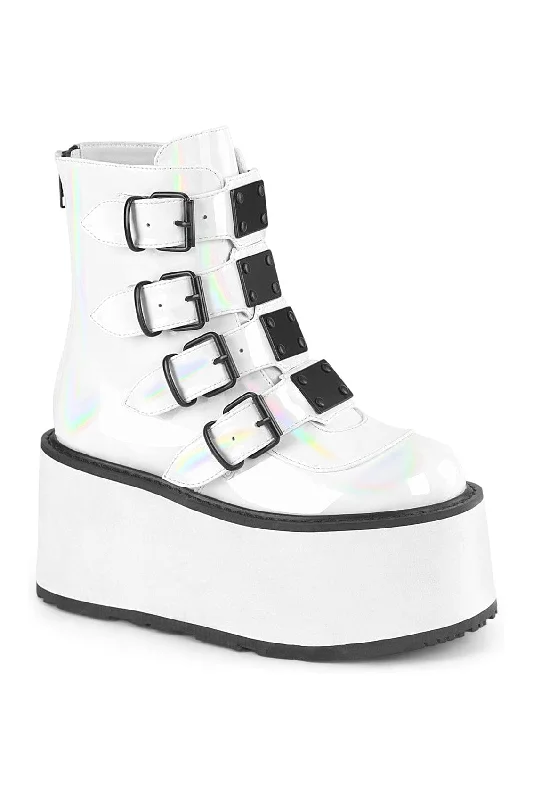 women's ankle boots for rainy weatherDAMNED-105 White Hologram Patent Ankle Boot