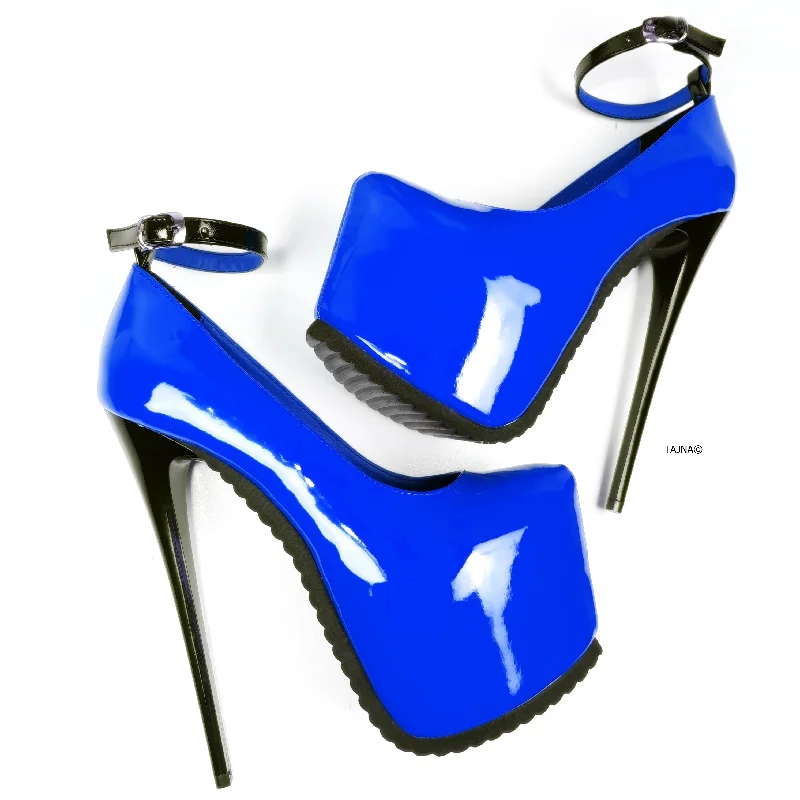 Women's date - night stiletto heel pumps with a sexy silhouetteRoyal Blue Gloss Serrated Sole Ankle Strap Heels Women's date - night stiletto heel pumps with a sexy silhouetteRoyal Blue Gloss Serrated Sole Ankle Strap Heels