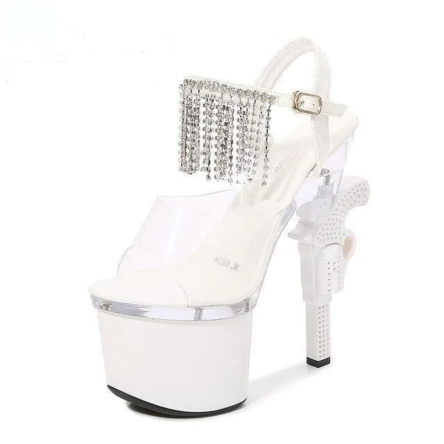 Women's tassel - adorned stiletto heel pumps for a bohemian touchSexy White Party Style Strange Transparent Pistol Heels Platform Sandals Women's tassel - adorned stiletto heel pumps for a bohemian touchSexy White Party Style Strange Transparent Pistol Heels Platform Sandals