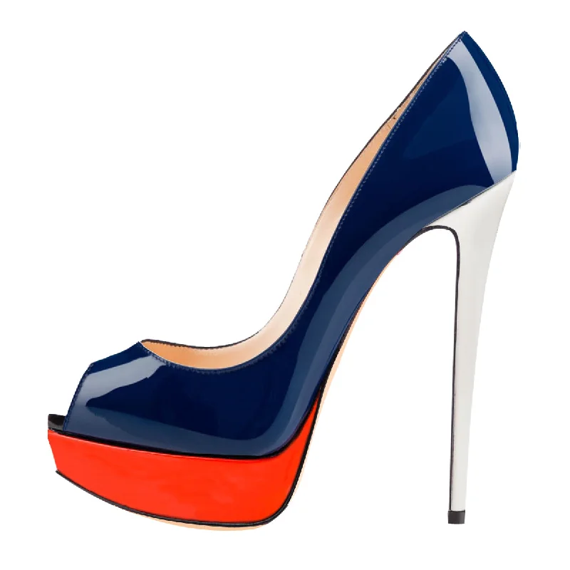 Women's date - night stiletto heel pumps with a sexy silhouetteRetro Blue Peep Toe Stiletto Pumps with Red Platform Women's date - night stiletto heel pumps with a sexy silhouetteRetro Blue Peep Toe Stiletto Pumps with Red Platform