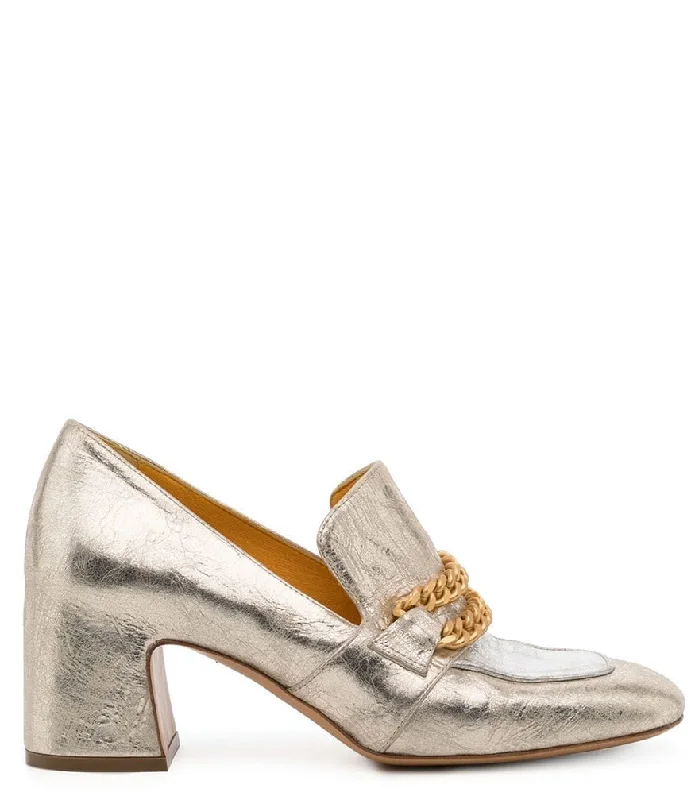Women's Geometric - Patterned Loafers in Multicolor for a Fashion - Forward Look Gold/Silver Leather Mid Heel Loafer W/Chain Women's Geometric - Patterned Loafers in Multicolor for a Fashion - Forward Look Gold/Silver Leather Mid Heel Loafer W/Chain