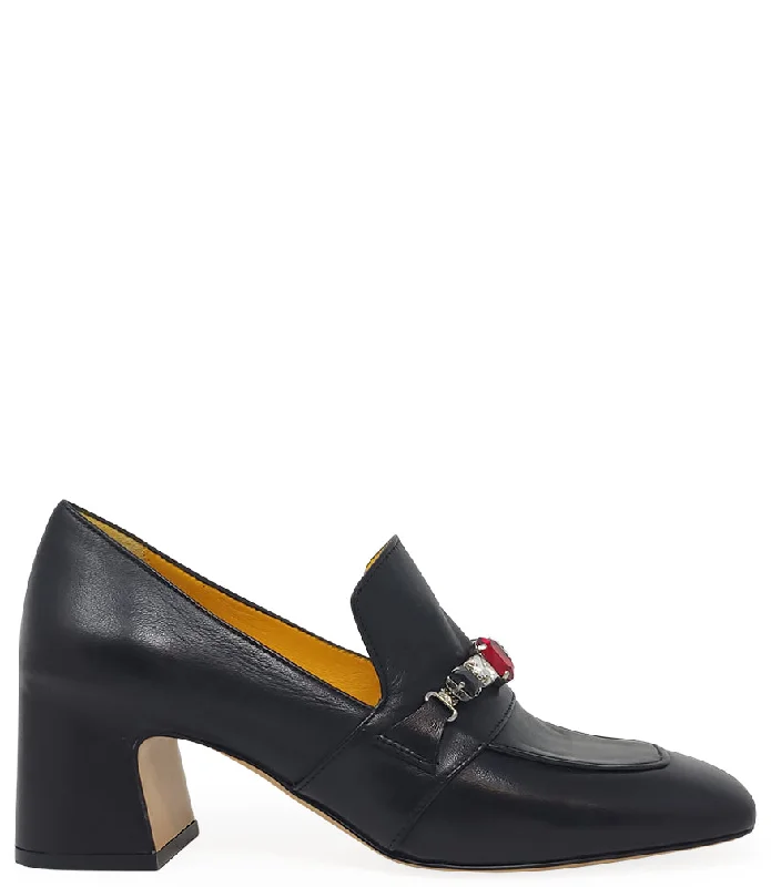 Women's Metallic Foil - Finish Loafers in Gold for a Glamorous Night Out Black Leather Mid Heel Jeweled Loafer Women's Metallic Foil - Finish Loafers in Gold for a Glamorous Night Out Black Leather Mid Heel Jeweled Loafer