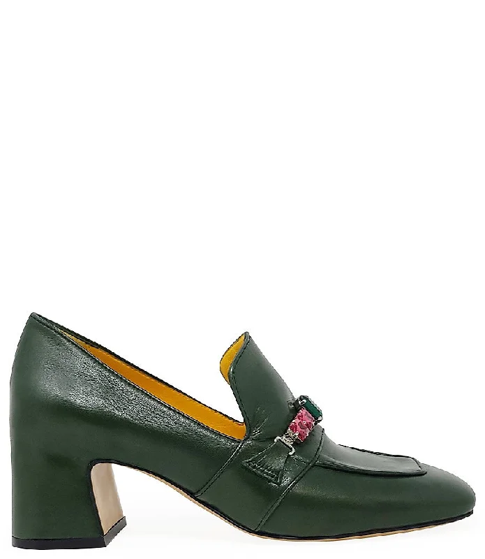 Women's Tassel - Trimmed Loafers with a Low Heel in Olive Green for a Trendy Twist Green Leather Mid Heel Jeweled Loafer Women's Tassel - Trimmed Loafers with a Low Heel in Olive Green for a Trendy Twist Green Leather Mid Heel Jeweled Loafer