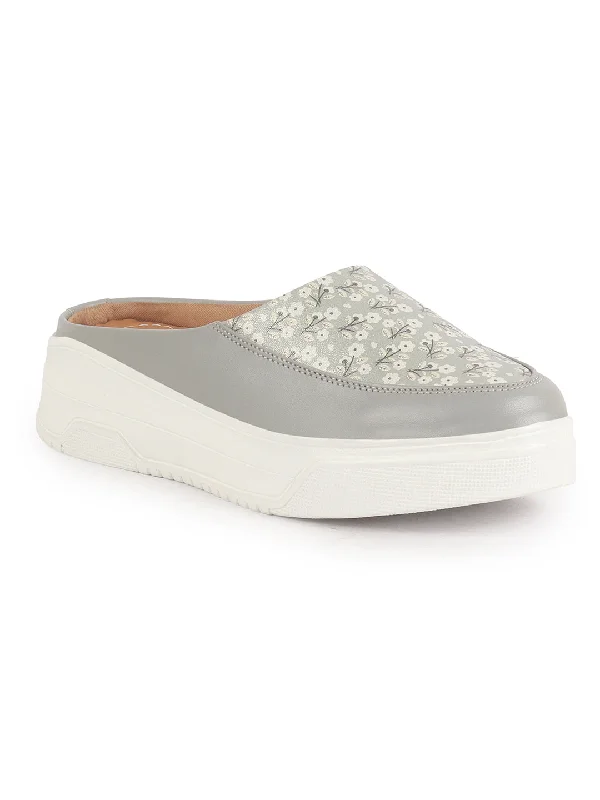 Women's casual shoes with memory foam insoles for extra comfort Women Grey Stiched Floral Print Back Open Height Enhancer Flatform Heel Slip On Casual Shoes Women's casual shoes with memory foam insoles for extra comfort Women Grey Stiched Floral Print Back Open Height Enhancer Flatform Heel Slip On Casual Shoes