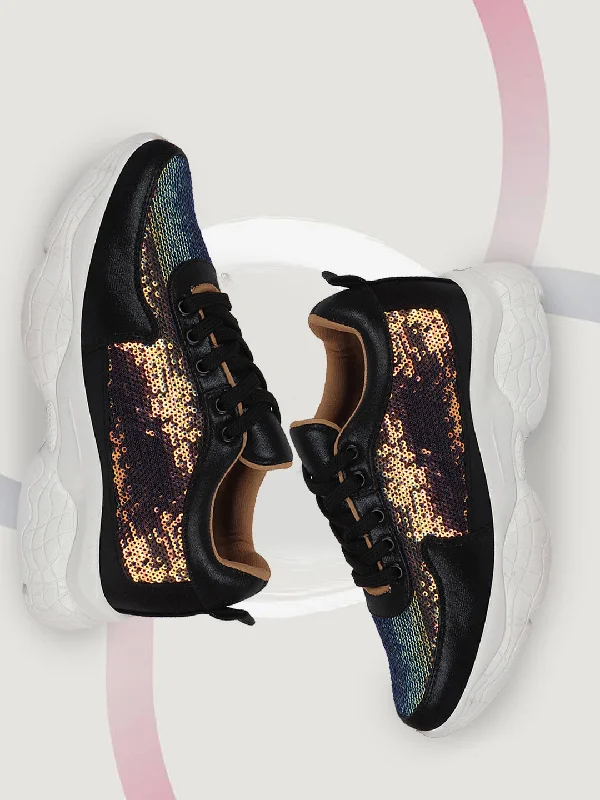 Women's casual shoes with glitter accents for a touch of glamour Women Black Stylish Lace Up Embellished Sneakers