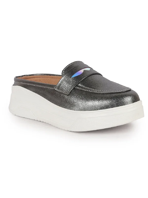 Women's casual shoes for a coffee date Women Grey Classic Comfort Height Enhancer Shiny Glitter Back Open Slip On Mule Shoes|Casual Slip On Walking Shoe Women's casual shoes for a coffee date Women Grey Classic Comfort Height Enhancer Shiny Glitter Back Open Slip On Mule Shoes|Casual Slip On Walking Shoe