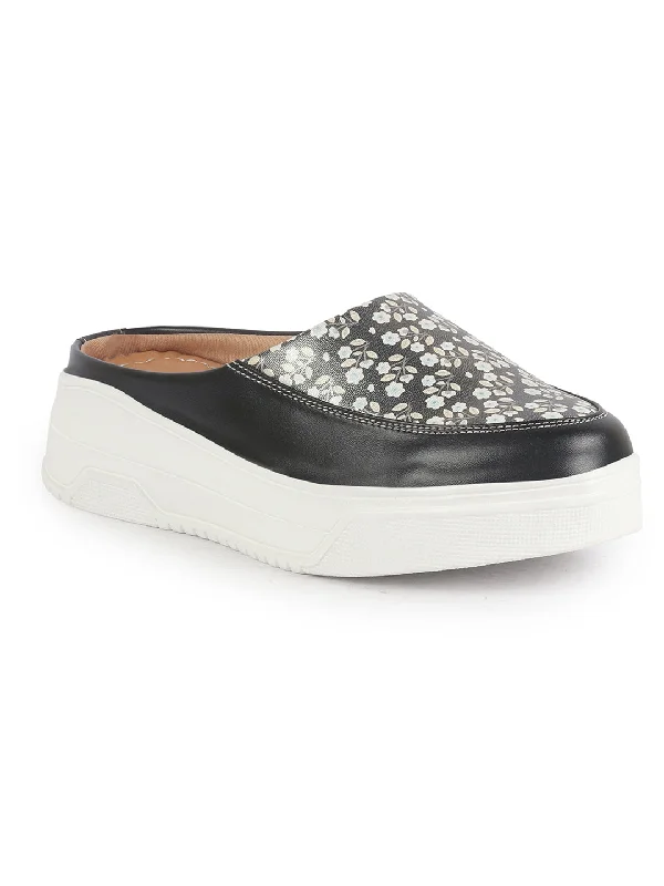 Women's casual flat shoes for all - day comfort Women Black Stiched Floral Print Back Open Height Enhancer Flatform Heel Slip On Casual Shoes Women's casual flat shoes for all - day comfort Women Black Stiched Floral Print Back Open Height Enhancer Flatform Heel Slip On Casual Shoes